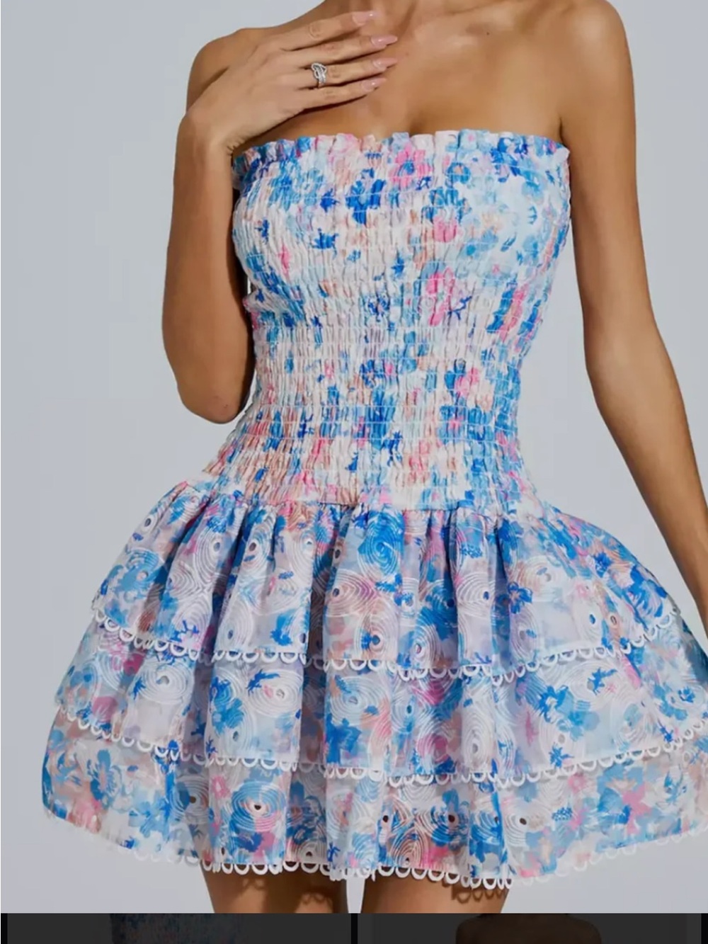 Smocked Strapless Floral Mini Dress in Blue & Pink